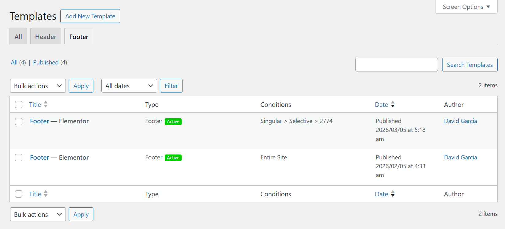 Footer settings example