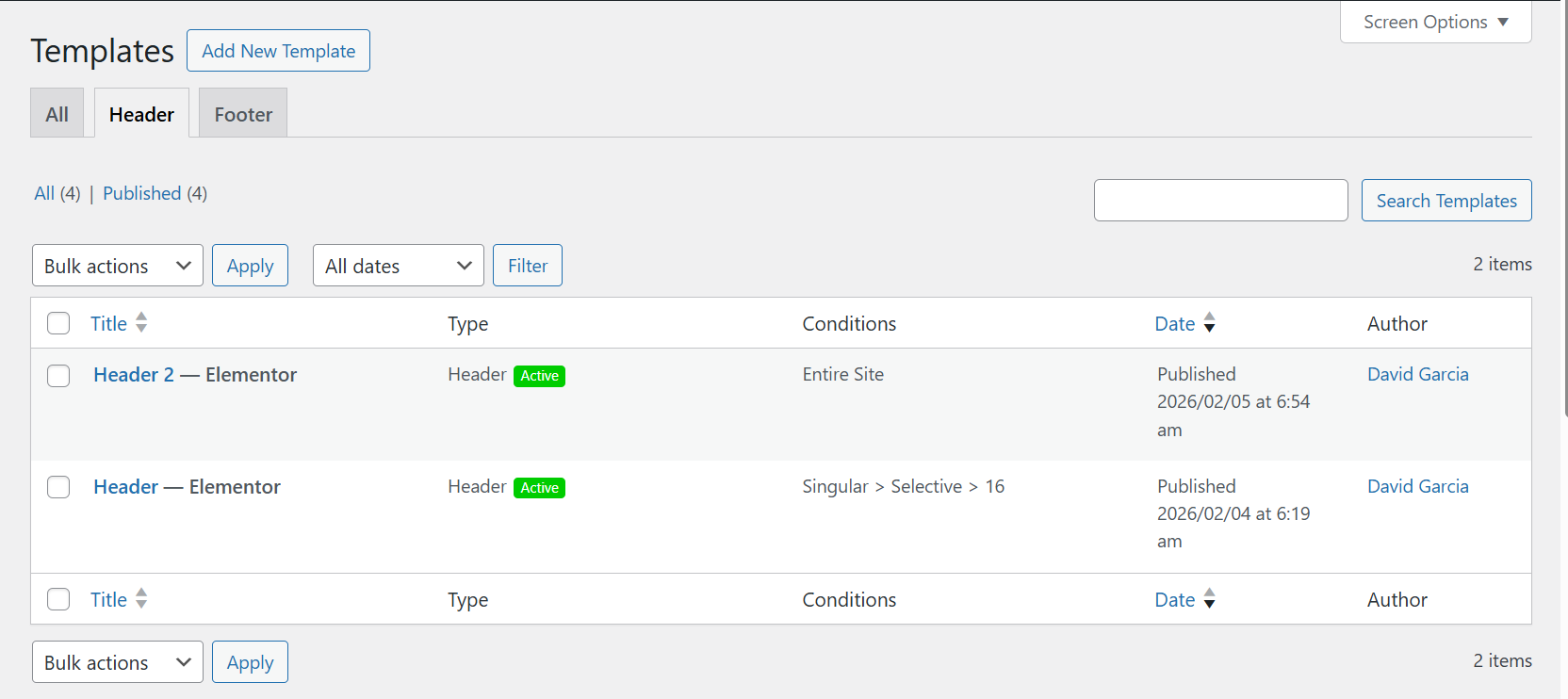 Header settings example