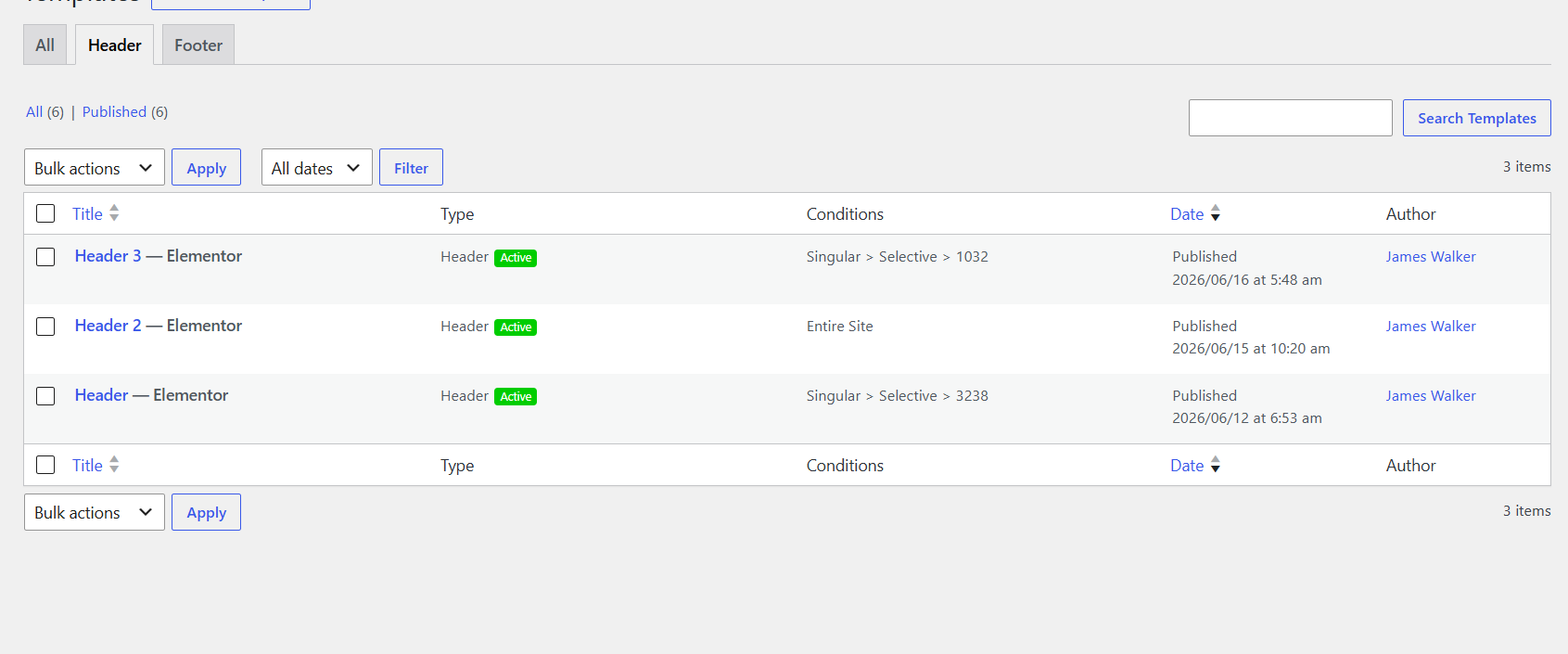 Header settings example